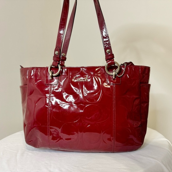 Coach Embossed Signature Burgundy Patent Leather Shoulder Bag - Picture 3 of 16